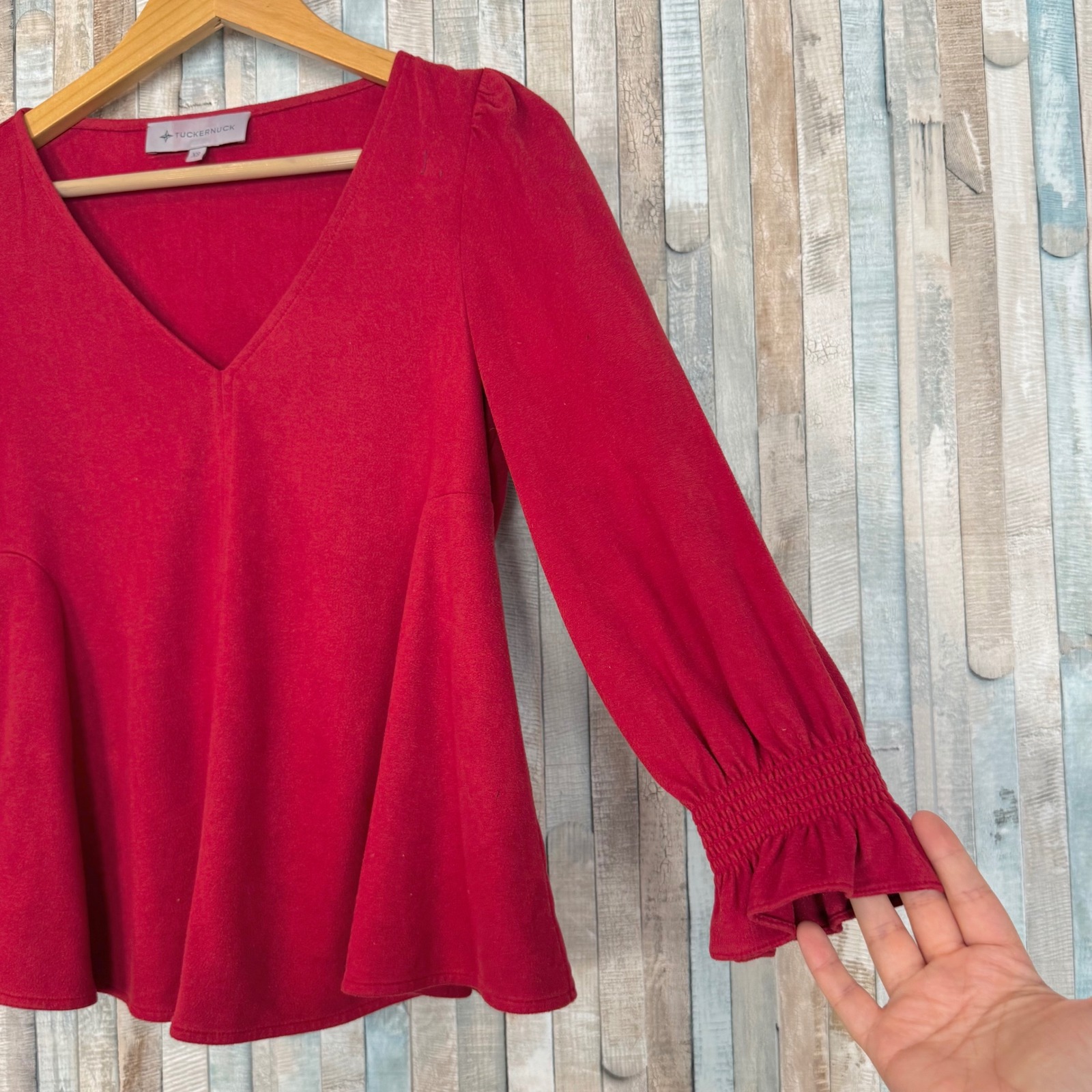 Tuckernuck Easton Top Red Faux Suede V-Neck Smocked Ruffle Cuff Swing Blouse Xs